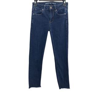 AMERICAN EAGLE HI RISE SKINNY Raw Hem Dark Wash Stretch Blue Jeans sz 0  26 x 25